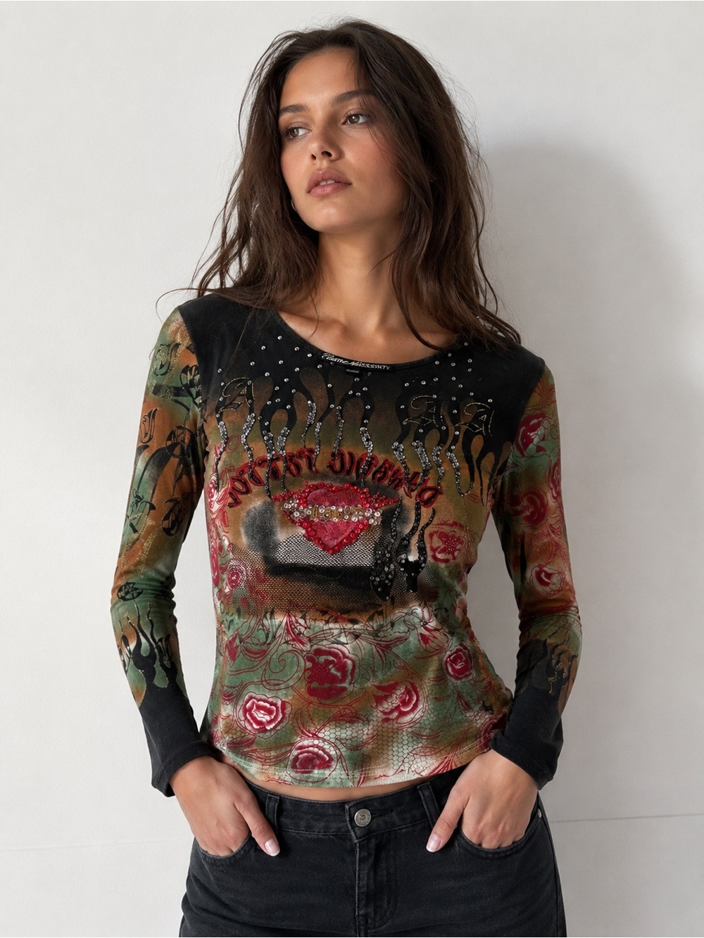 Vintage Y2K Miss Sixty Graphic Long Sleeve Top Size XL Fits M/L 2000s Archive